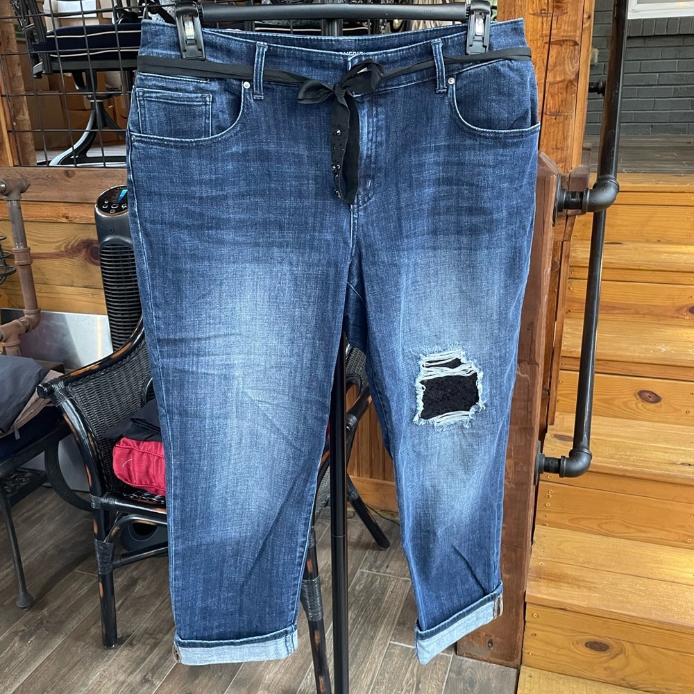 Chico's Platinum Cropped Boyfriend Blue Jeans with Sequin Embellished Detail